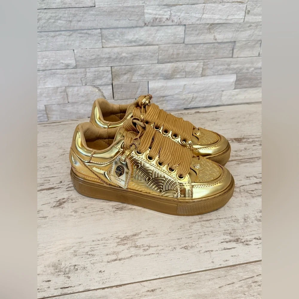 Kurt Geiger London Women's Southbank Tag Gold Metallic Platform Sneakers NEW